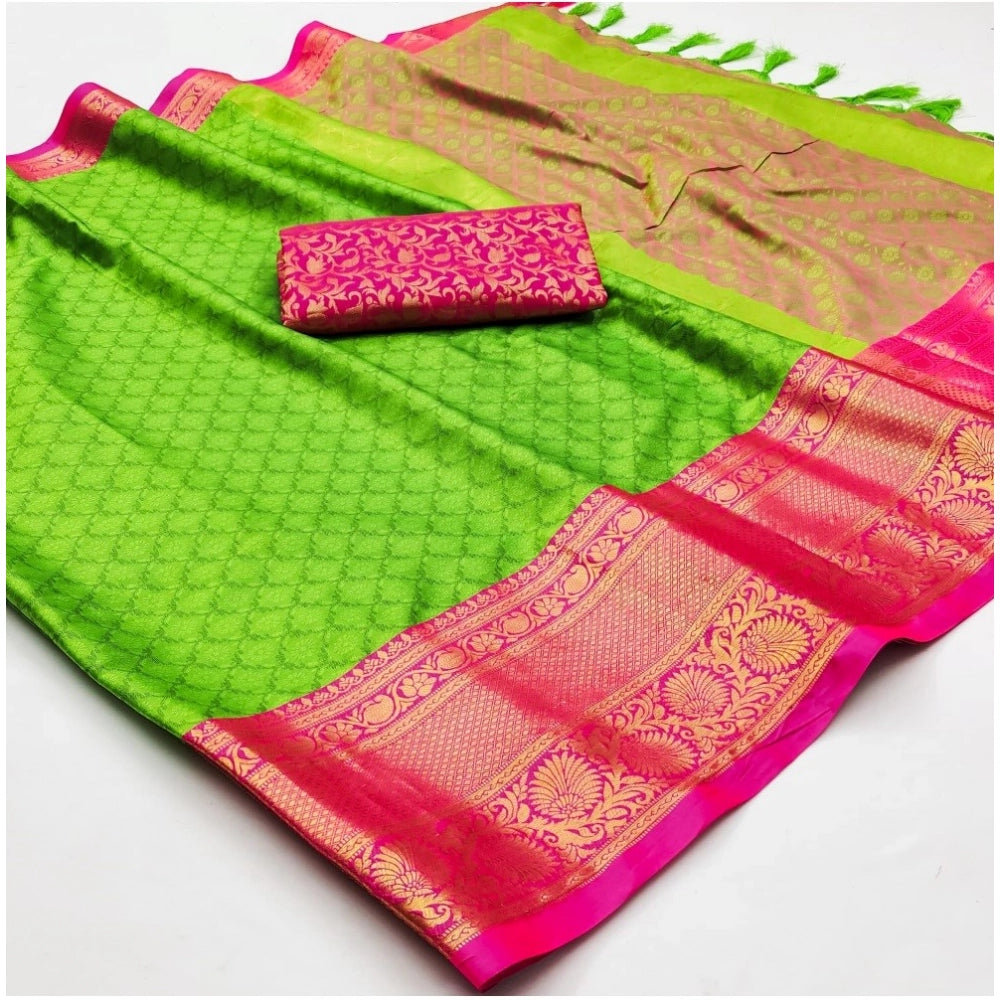 Generic Women's Cotton Silk Floral Print Saree With Unstitched Blouse 5.5Mtr (Green)
