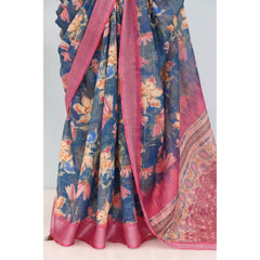 Generic Women's Linen Digital Print Saree With Unstitched Blouse 5.5Mtr (Blue)