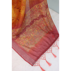 Generic Women's Linen Digital Print Saree With Unstitched Blouse 5.5Mtr (Mustard)