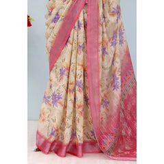 Generic Women's Linen Digital Print Saree With Unstitched Blouse 5.5Mtr (Pink)