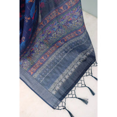 Generic Women's Linen Digital Print Saree With Unstitched Blouse 5.5Mtr (Blue)