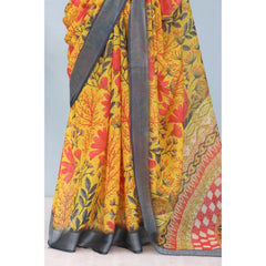 Generic Women's Linen Digital Print Saree With Unstitched Blouse 5.5Mtr (Multicolor)