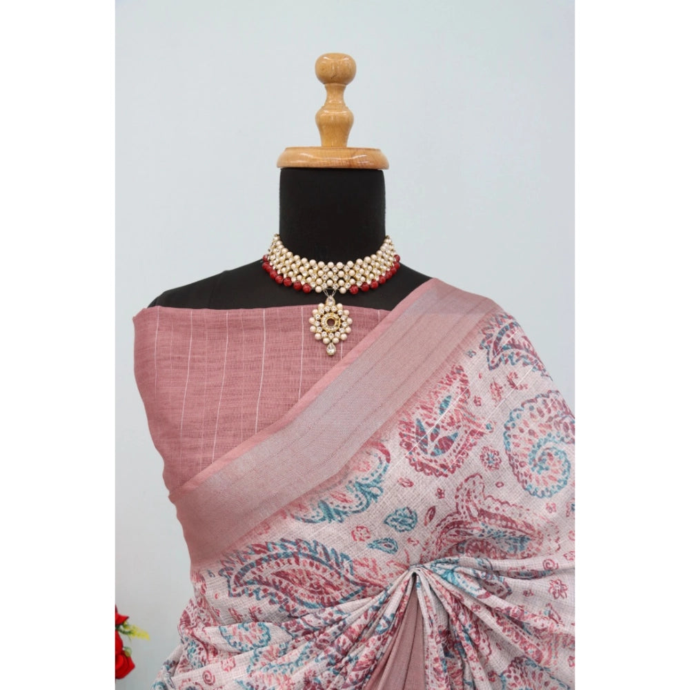 Generic Women's Linen Digital Print Saree With Unstitched Blouse 5.5Mtr (Brown)
