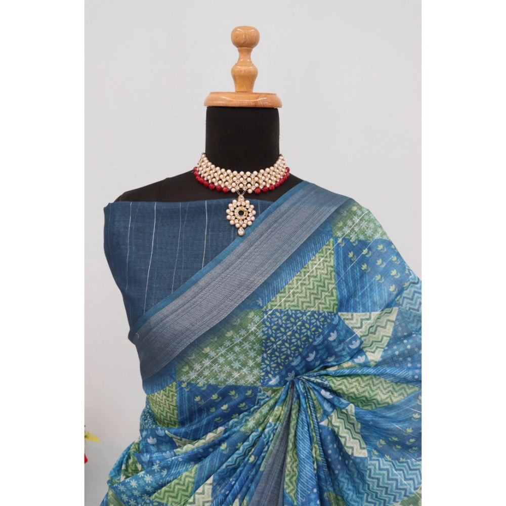 Generic Women's Linen Digital Print Saree With Unstitched Blouse 5.5Mtr (Green)
