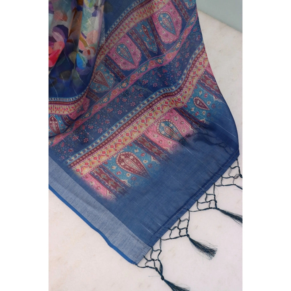 Generic Women's Linen Digital Print Saree With Unstitched Blouse 5.5Mtr (Blue)