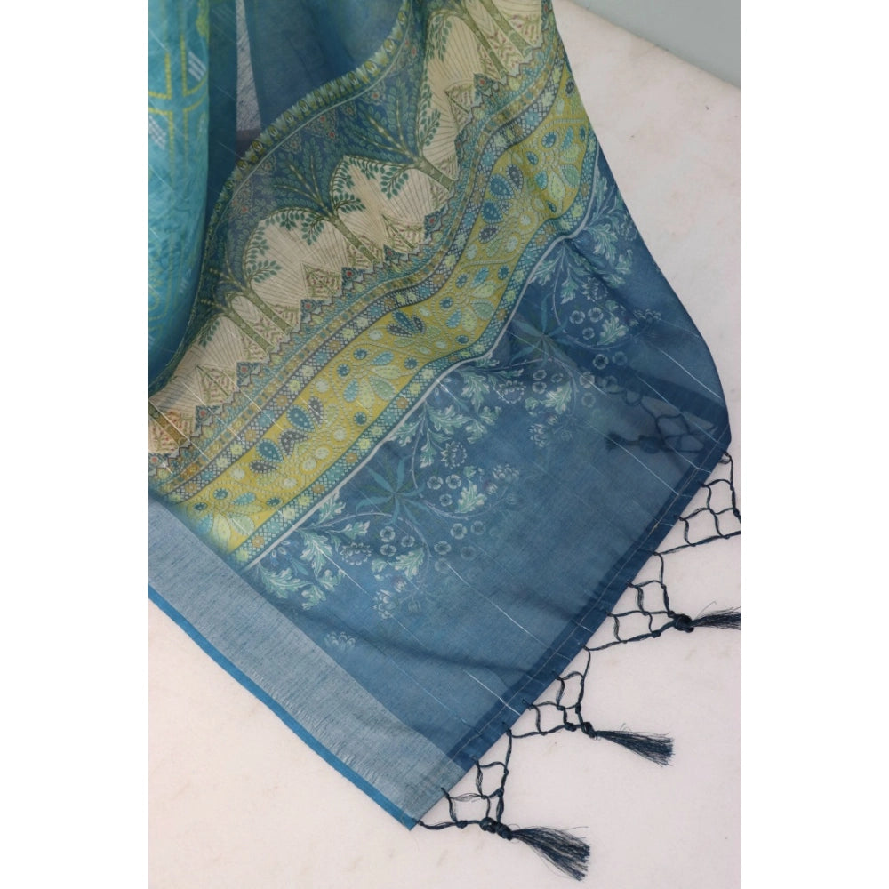 Generic Women's Linen Digital Print Saree With Unstitched Blouse 5.5Mtr (Sky Blue)