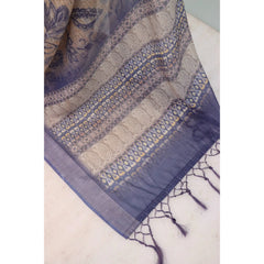 Generic Women's Linen Digital Print Saree With Unstitched Blouse 5.5Mtr (Blue)