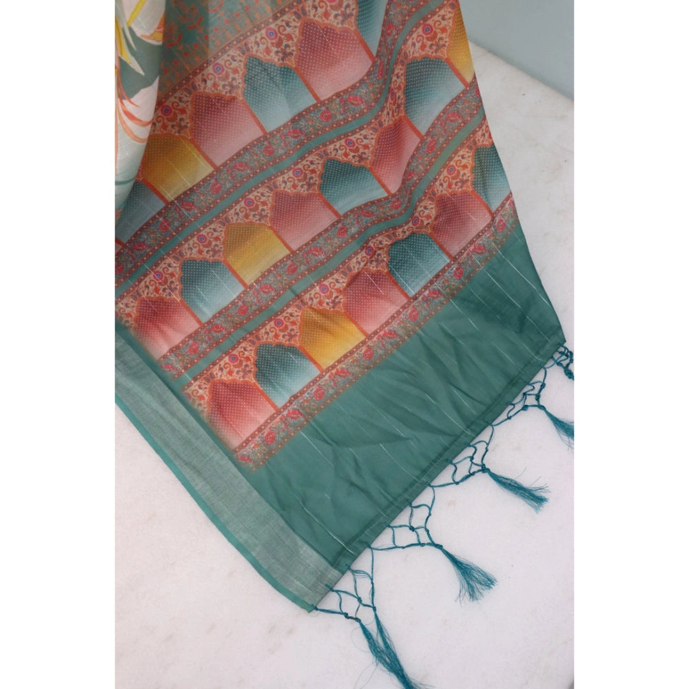 Generic Women's Linen Digital Print Saree With Unstitched Blouse 5.5Mtr (Green)