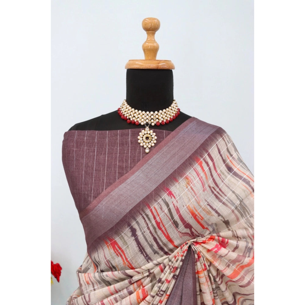 Generic Women's Linen Digital Print Saree With Unstitched Blouse 5.5Mtr (Grey)