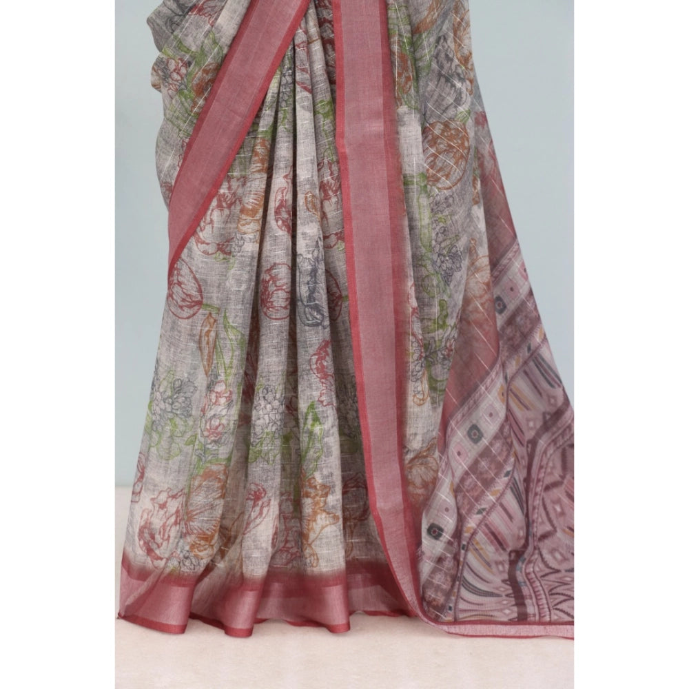 Generic Women's Linen Digital Print Saree With Unstitched Blouse 5.5Mtr (Multicolor)