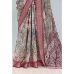 Generic Women's Linen Digital Print Saree With Unstitched Blouse 5.5Mtr (Multicolor)