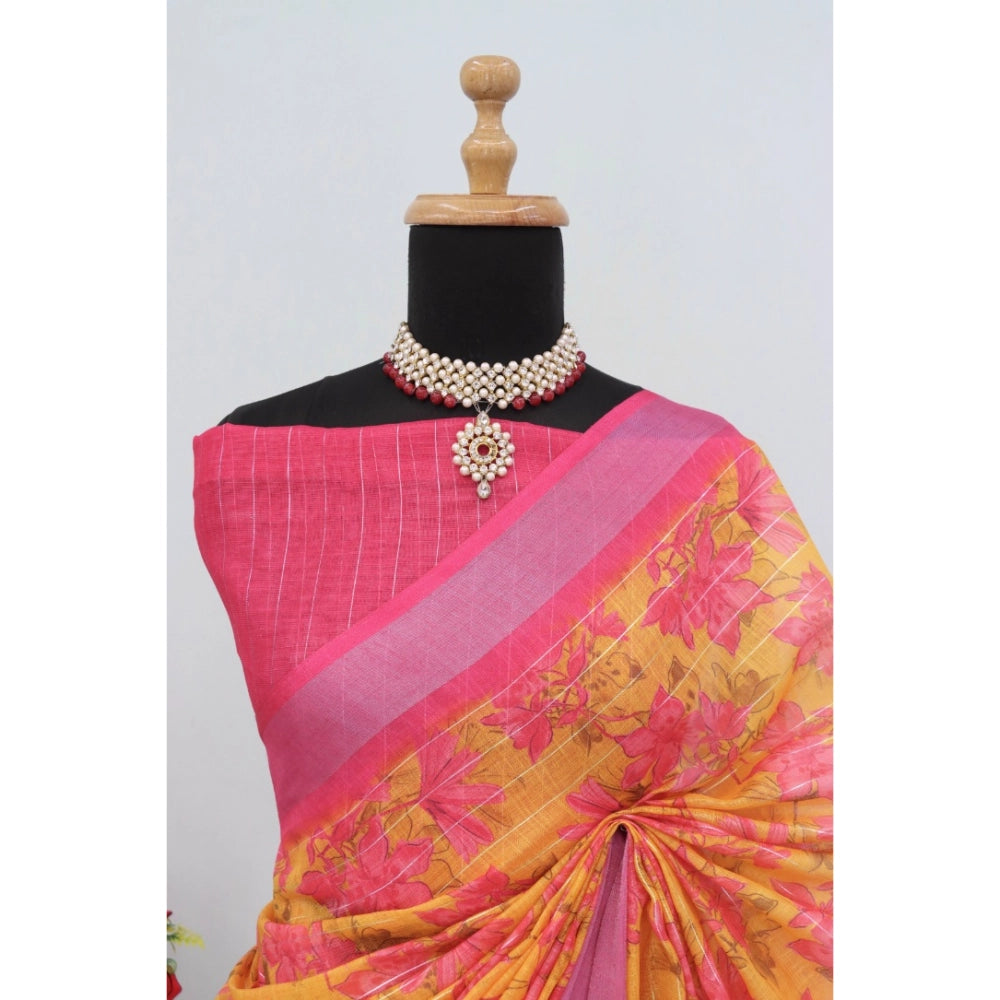Generic Women's Linen Digital Print Saree With Unstitched Blouse 5.5Mtr (Yellow)