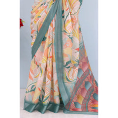 Generic Women's Linen Digital Print Saree With Unstitched Blouse 5.5Mtr (Green)