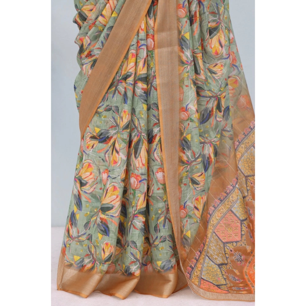 Generic Women's Linen Digital Print Saree With Unstitched Blouse 5.5Mtr (Beige)