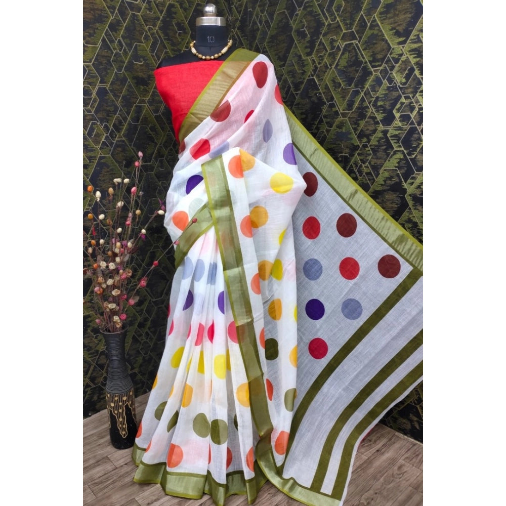 Generic Women's Cotton Linen Printed Saree With Unstitched Blouse 5.5Mtr (Multicolor)