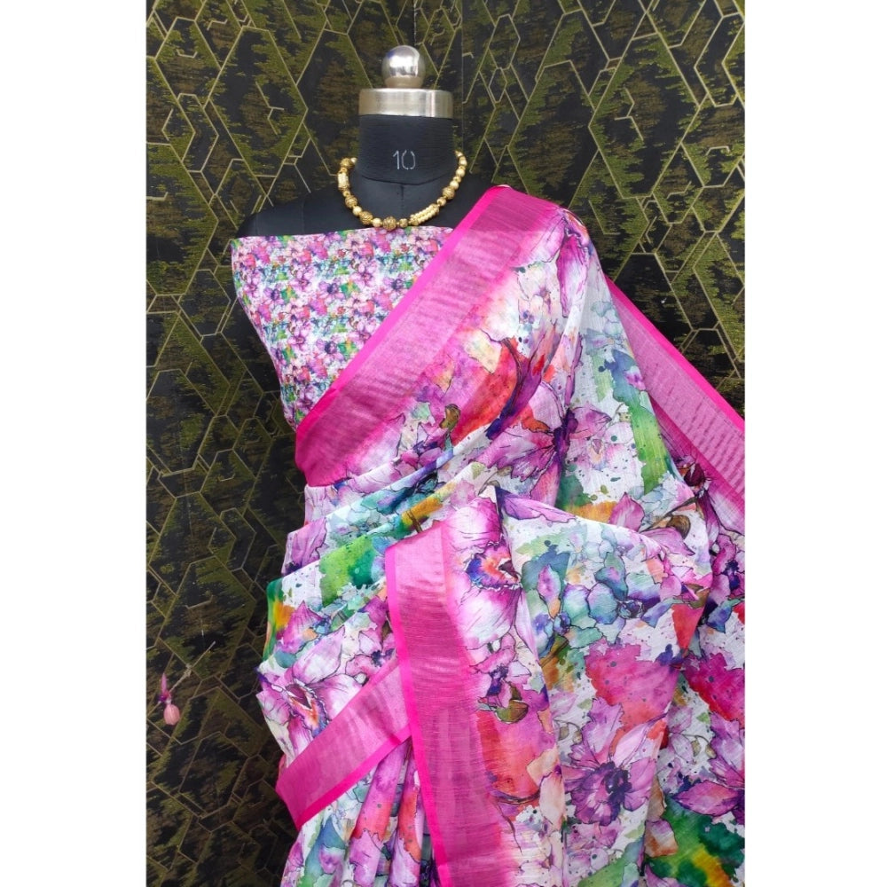 Generic Women's Cotton Linen Printed Saree With Unstitched Blouse 5.5Mtr (Pink)