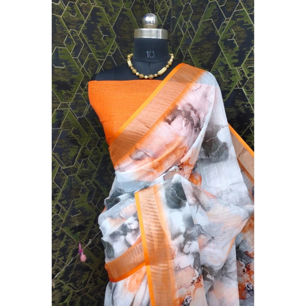 Generic Women's Cotton Linen Woven Design Saree With Unstitched Blouse 5.5Mtr (Orange)