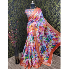 Generic Women's Cotton Linen Printed Saree With Unstitched Blouse 5.5Mtr (Orange)