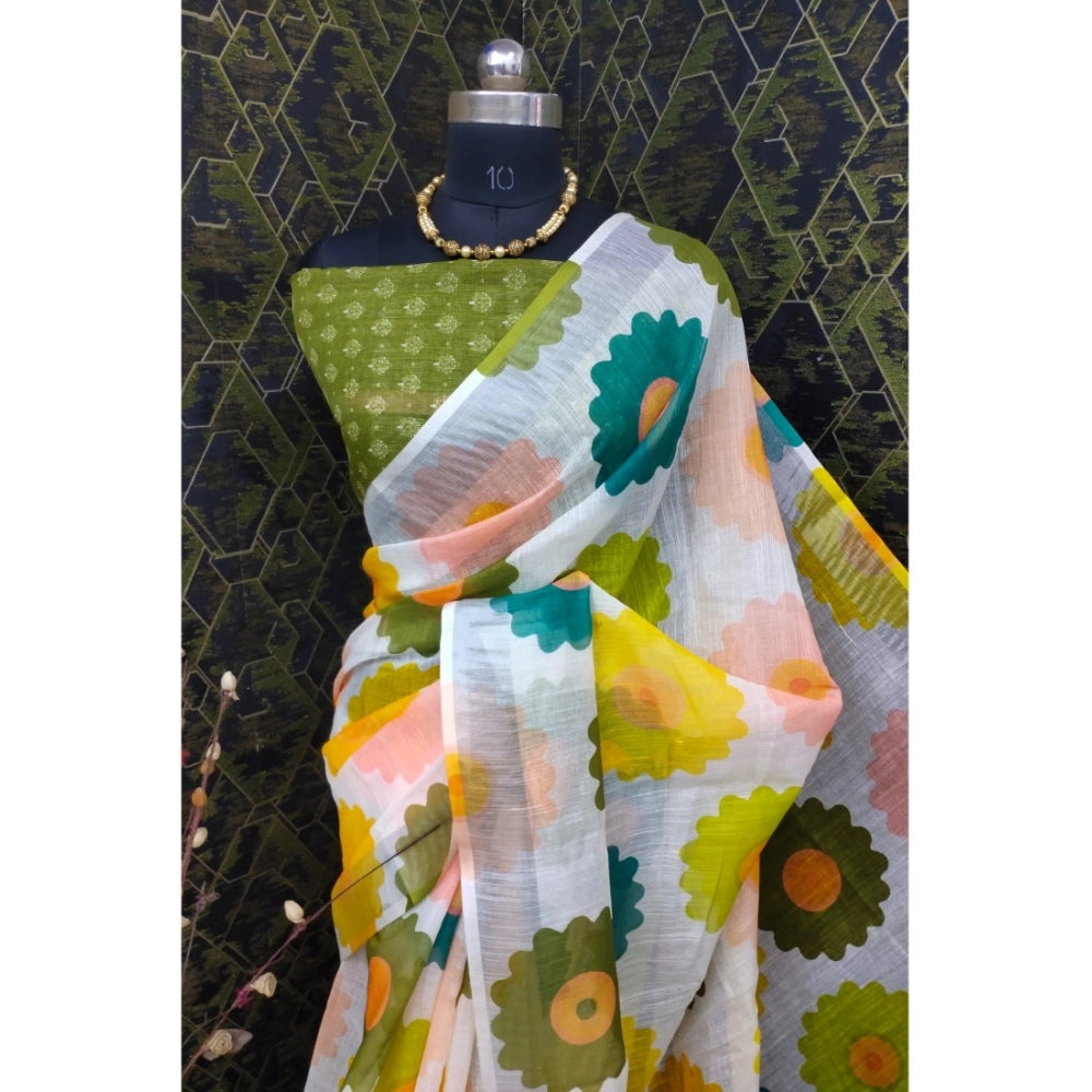 Generic Women's Cotton Linen Woven Design Saree With Unstitched Blouse 5.5Mtr (Green)