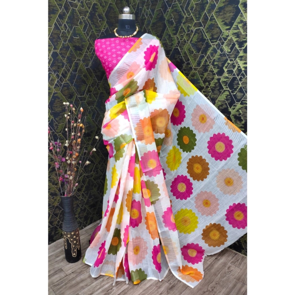 Generic Women's Cotton Linen Woven Design Saree With Unstitched Blouse 5.5Mtr (Pink)