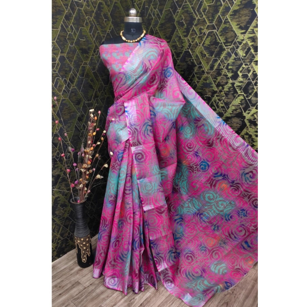 Generic Women's Cotton Linen Woven Design Saree With Unstitched Blouse 5.5Mtr (Pink)