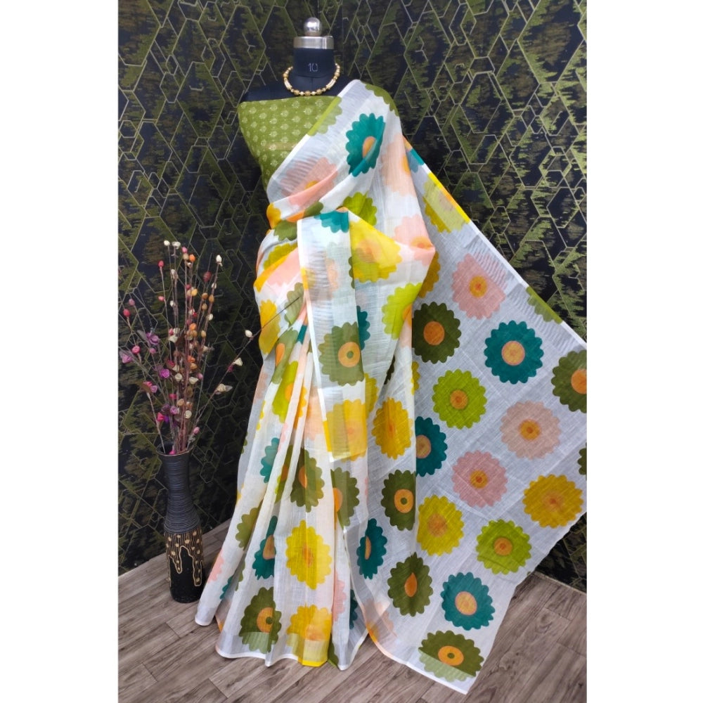 Generic Women's Cotton Linen Woven Design Saree With Unstitched Blouse 5.5Mtr (Green)