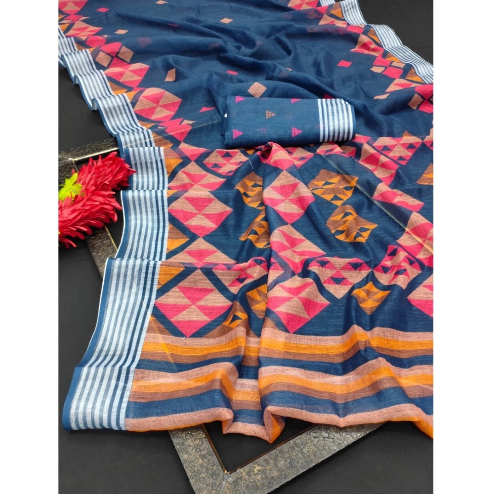 Generic Women's Cotton Linen Digital Print Saree With Unstitched Blouse 5.5Mtr (Blue)