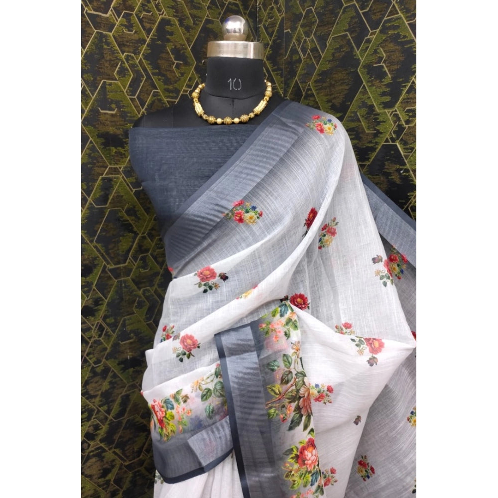 Generic Women's Cotton Linen Woven Design Saree With Unstitched Blouse 5.5Mtr (Black)
