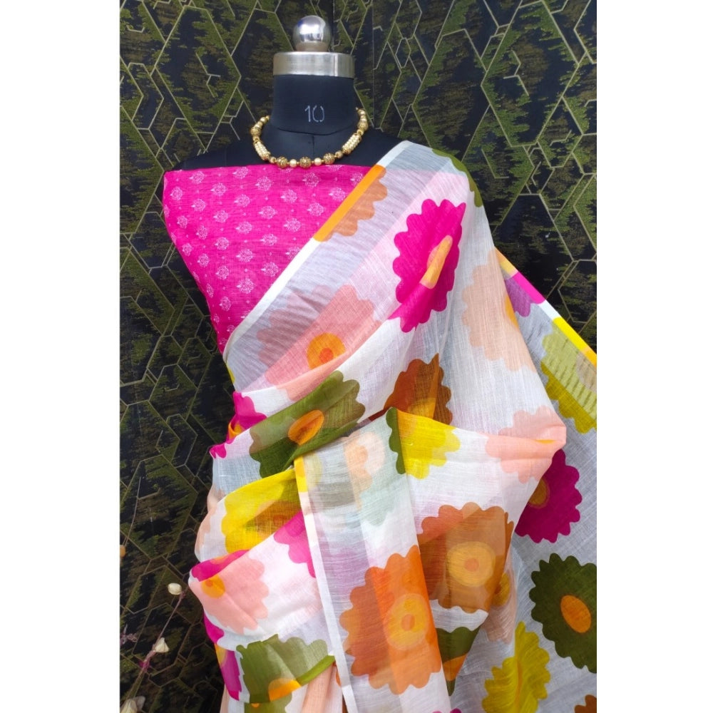 Generic Women's Cotton Linen Woven Design Saree With Unstitched Blouse 5.5Mtr (Pink)