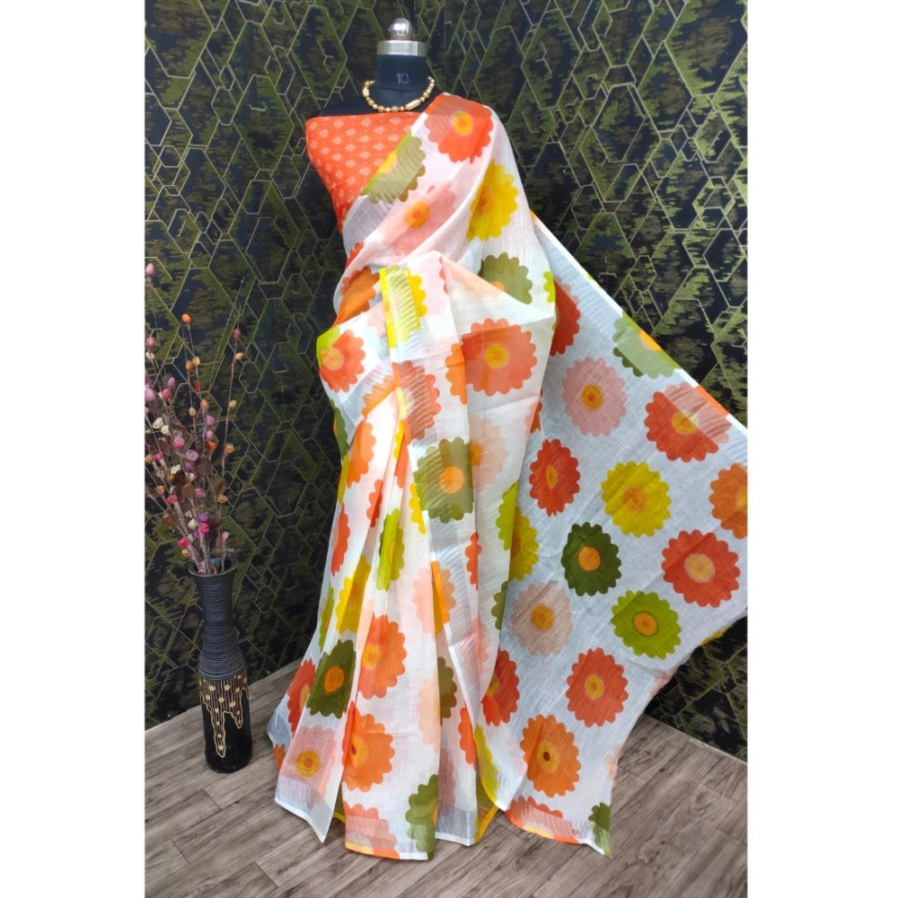 Generic Women's Cotton Linen Woven Design Saree With Unstitched Blouse 5.5Mtr (Orange)