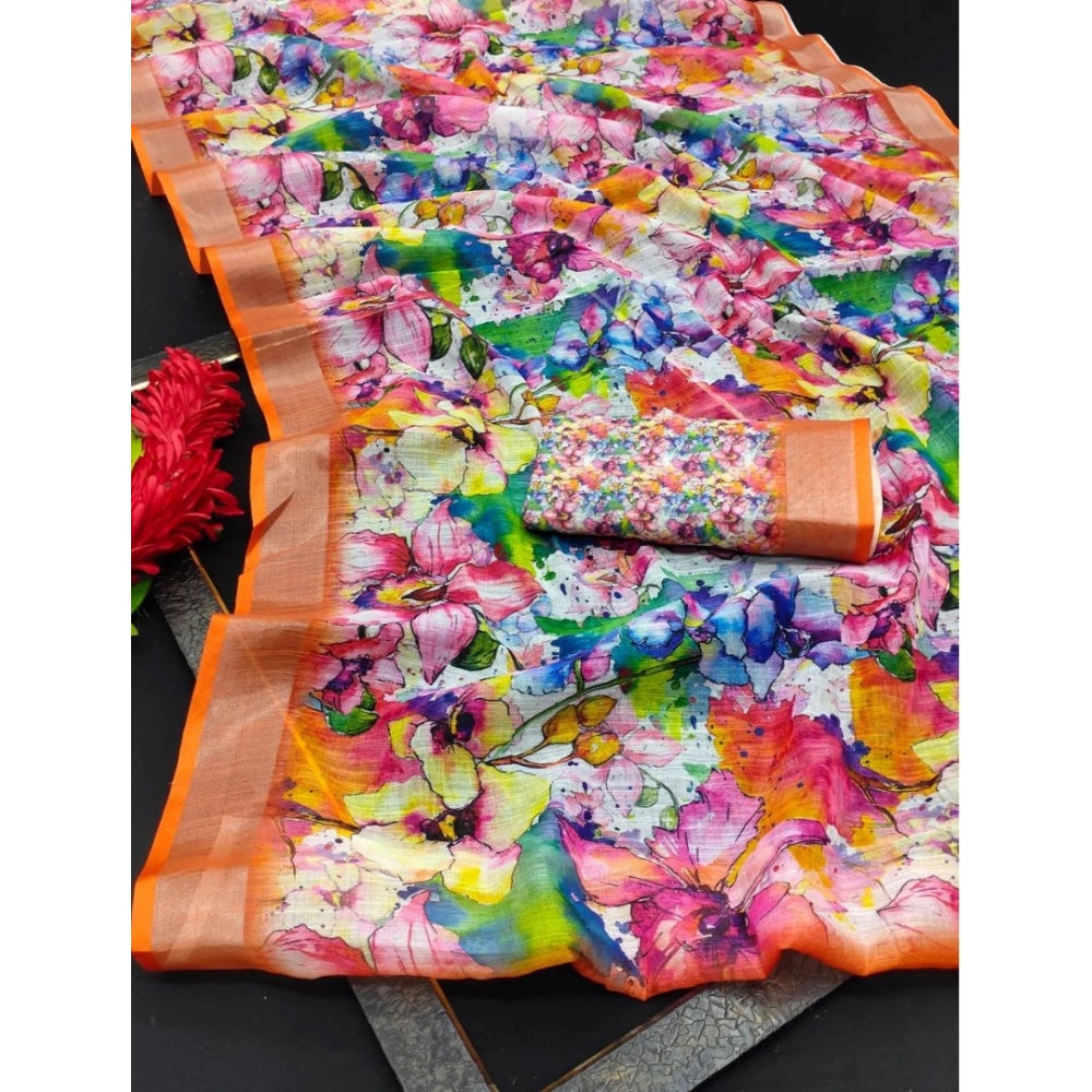 Generic Women's Cotton Linen Printed Saree With Unstitched Blouse 5.5Mtr (Orange)