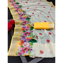 Generic Women's Cotton Linen Woven Design Saree With Unstitched Blouse 5.5Mtr (Yellow)