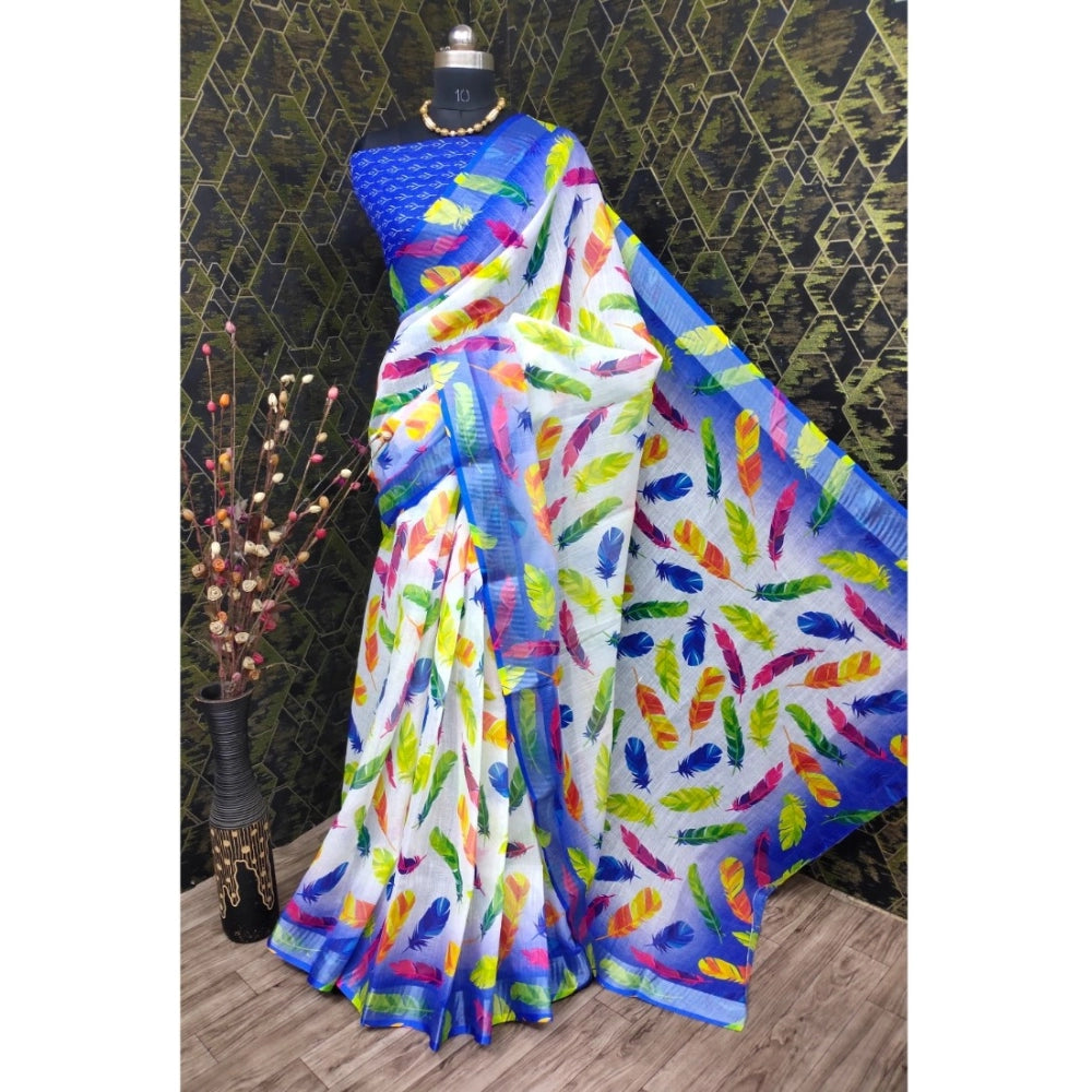 Generic Women's Cotton Linen Woven Design Saree With Unstitched Blouse 5.5Mtr (Blue)