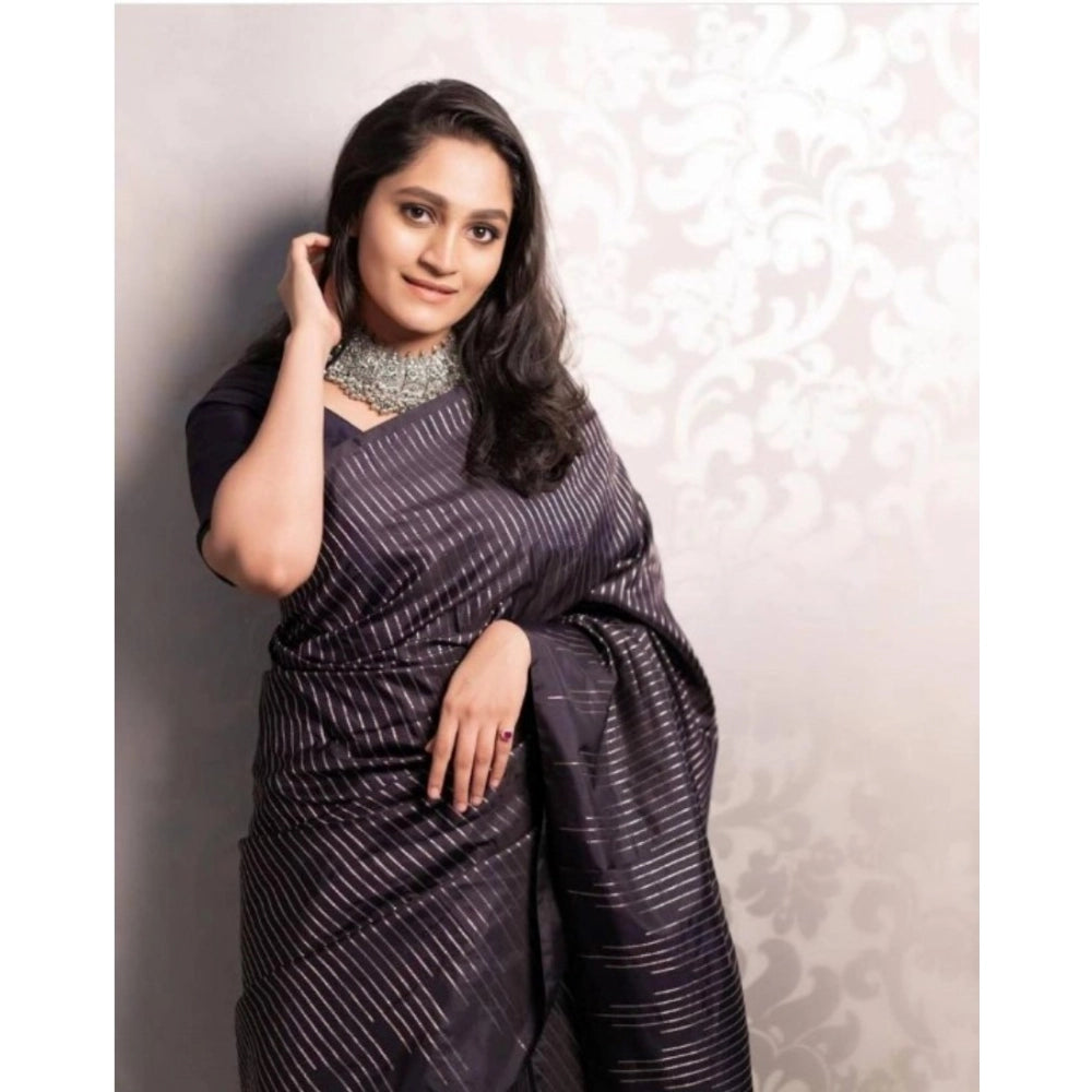 Generic Women's Silk Printed Saree With Unstitched Blouse 5.5Mtr (Black)