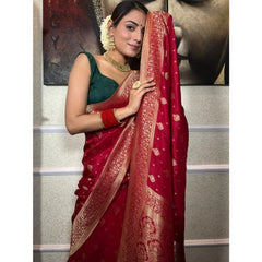 Generic Women's Silk Printed Saree With Unstitched Blouse 5.5Mtr (Red)