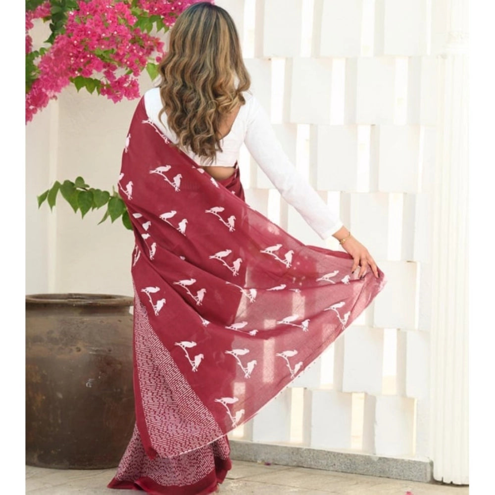 Generic Women's Silk Printed Saree With Unstitched Blouse 5.5Mtr (Maroon)