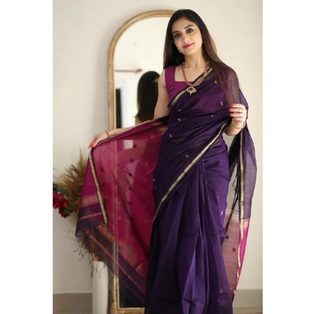 Generic Women's Cotton  Printed Saree With Unstitched Blouse 5.5Mtr (Navy Blue)