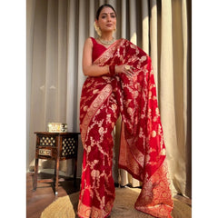Generic Women's Silk Printed Saree With Unstitched Blouse 5.5Mtr (Red)