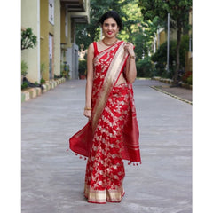 Generic Women's Silk Printed Saree With Unstitched Blouse 5.5Mtr (White)