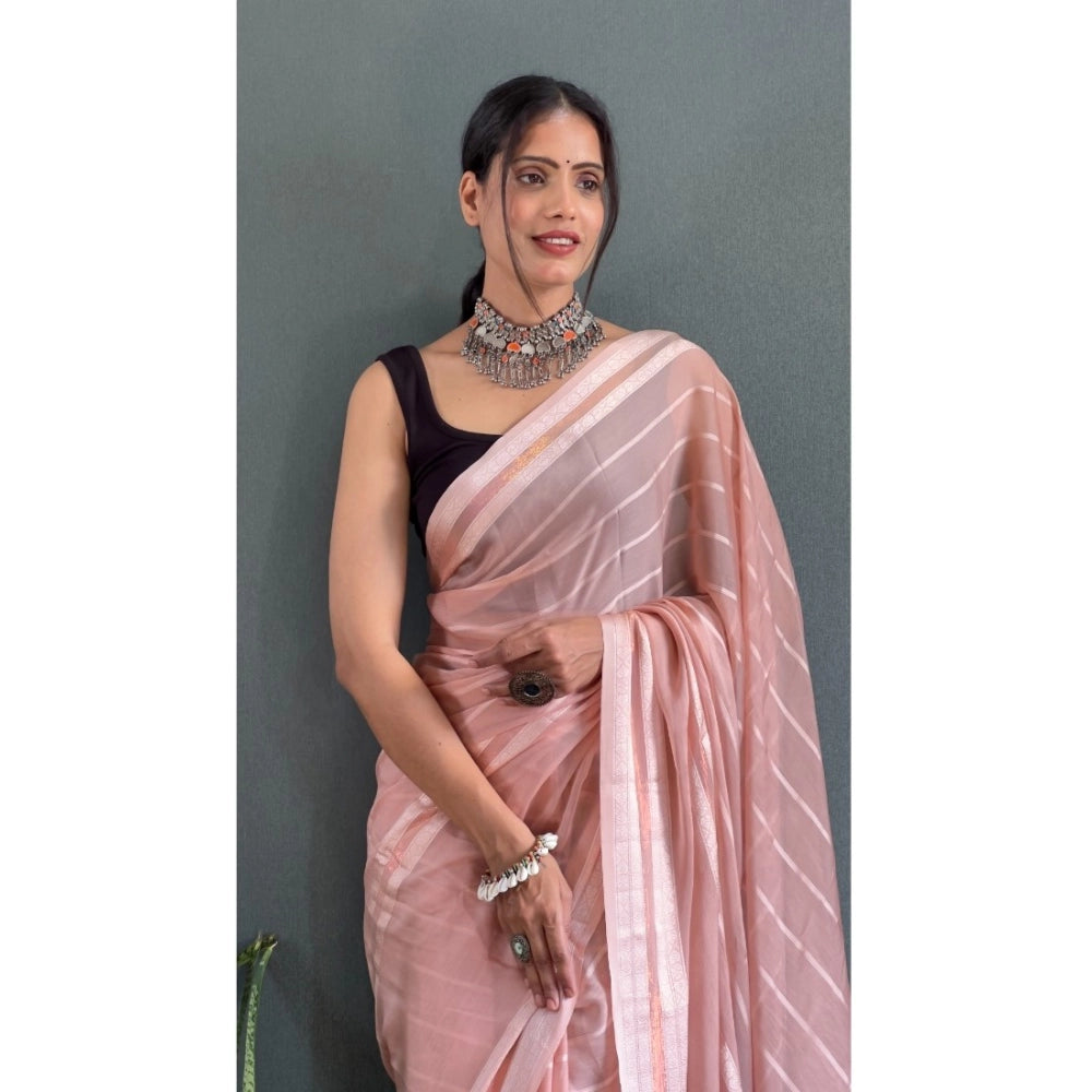 Generic Women's Chiffon Striped Ready to wear Saree With Unstitched Blouse 5.5 Mtr (Peach)