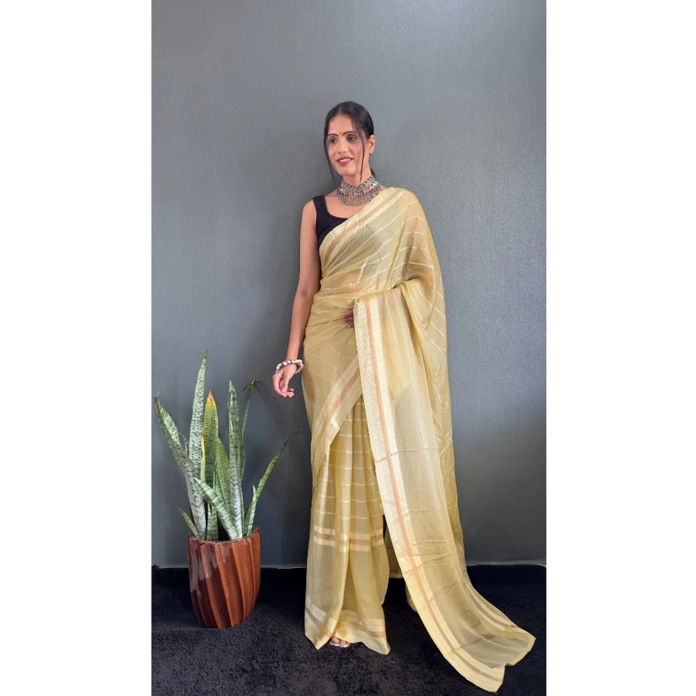 Generic Women's Chiffon Striped Ready to wear Saree With Unstitched Blouse 5.5 Mtr (Yellow)