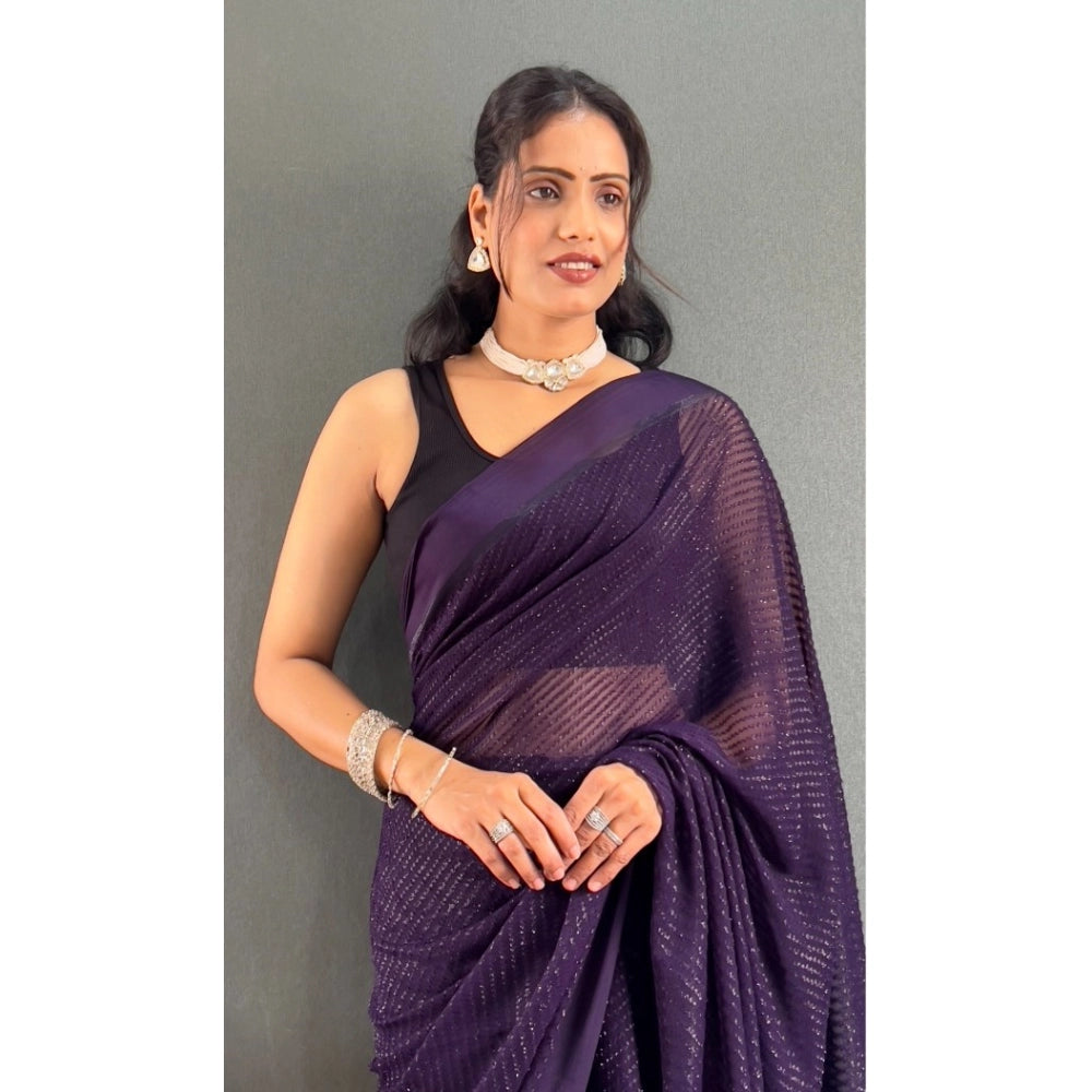 Generic Women's Chiffon Solid Ready to wear Saree With Unstitched Blouse 5.5 Mtr (Purple)