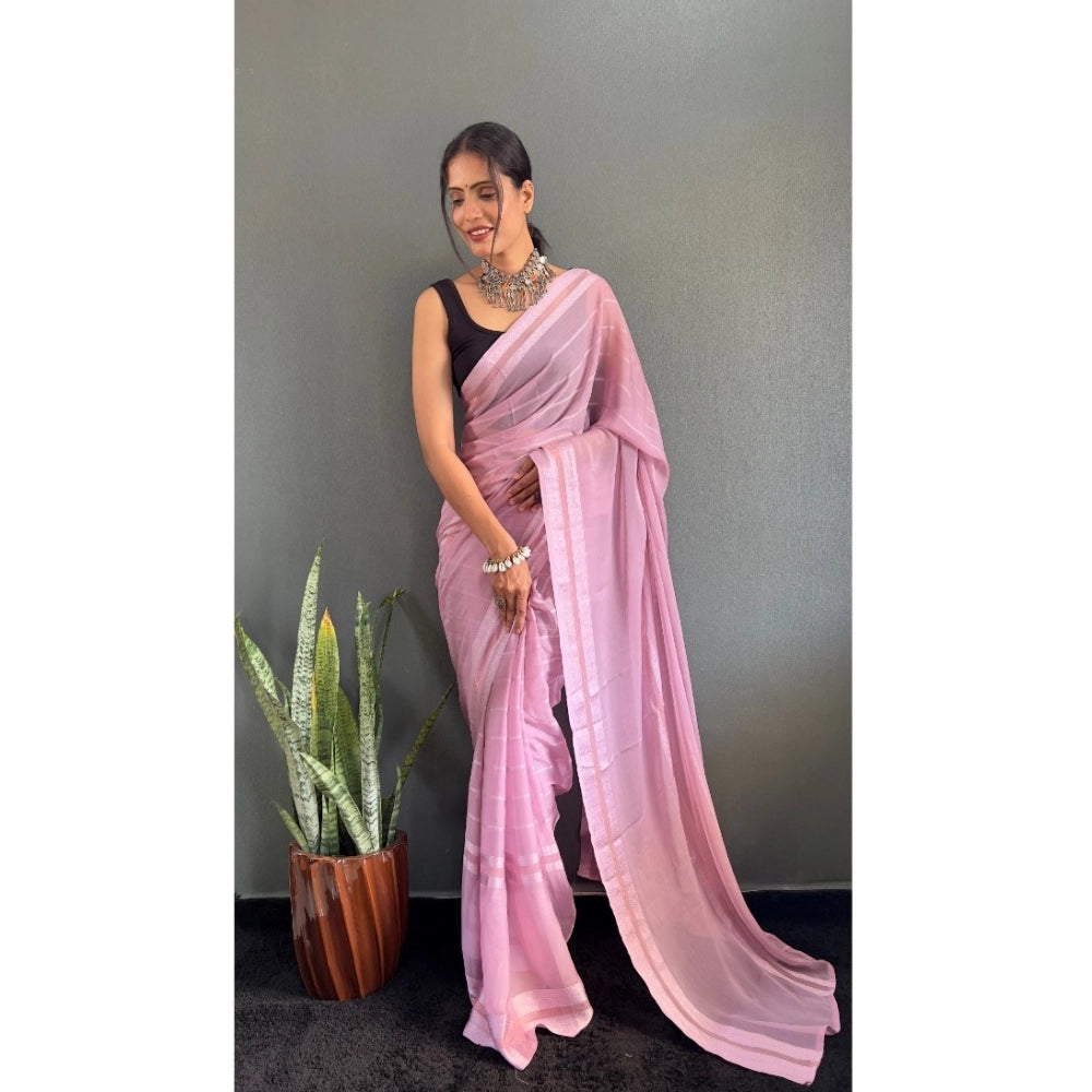 Generic Women's Chiffon Striped Ready to wear Saree With Unstitched Blouse 5.5 Mtr (Pink)