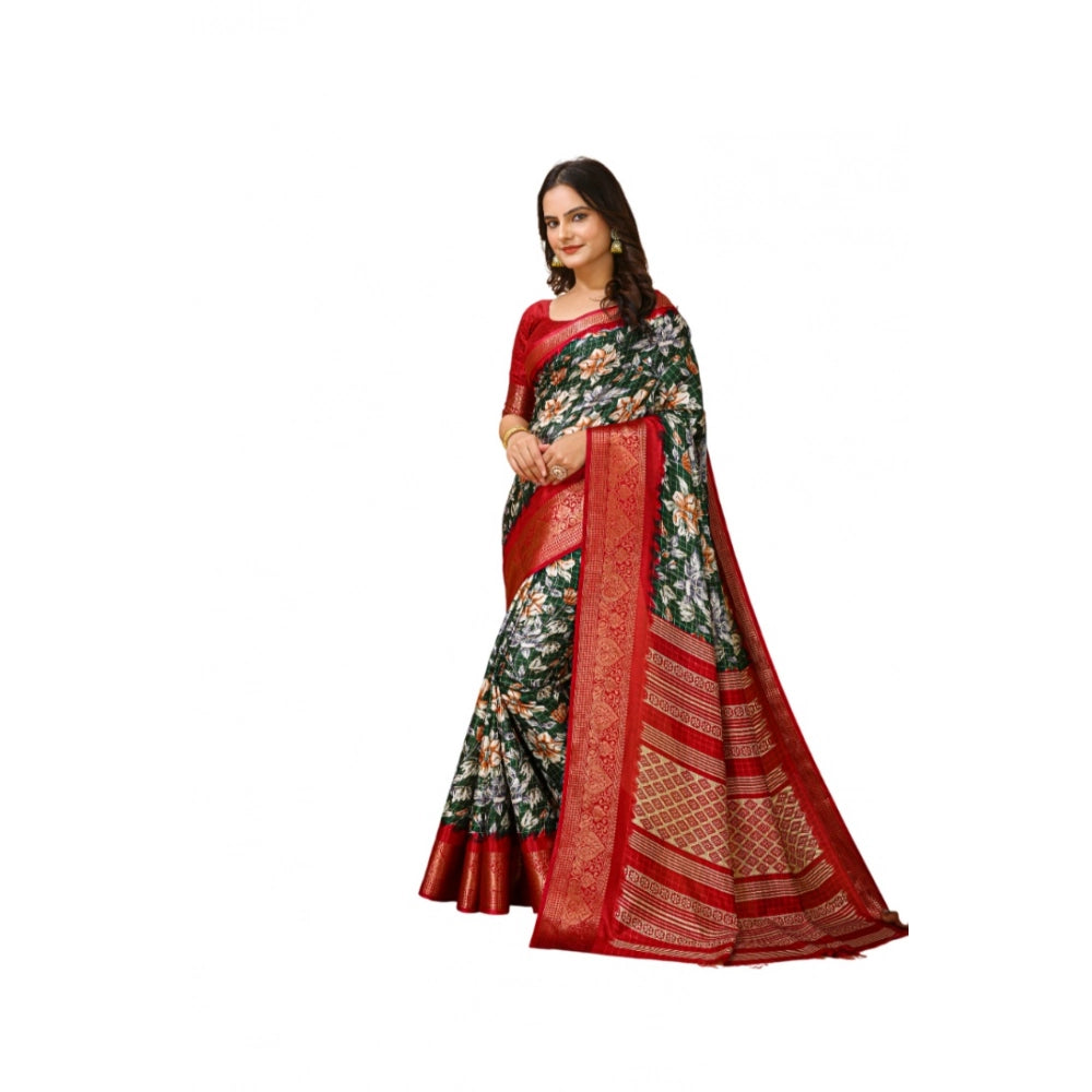 Generic Women's Soft Dola Cotton Kalamkari Printed Saree With Unstitched Blouse 5.5Mtr (Green)