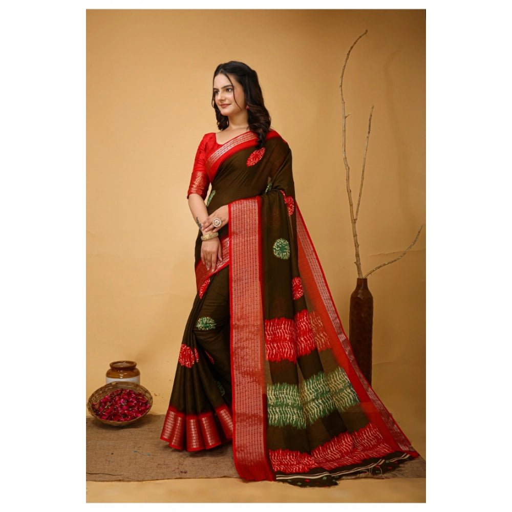 Generic Women's Soft Blooming Marshmallow Fabric Kalamkari Printed Saree With Unstitched Blouse 5.5Mtr (Mehendi)