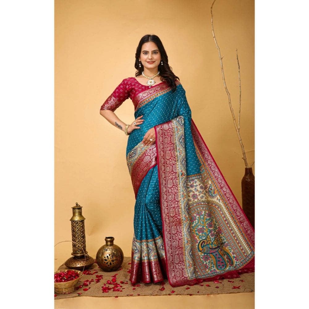 Generic Women's Soft Dola Cotton Kalamkari Printed Saree With Unstitched Blouse 5.5Mtr (Sky Blue)