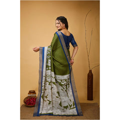 Generic Women's Soft Handloom Cotton Kalamkari Printed Saree With Unstitched Blouse 5.5Mtr (Mehendi)