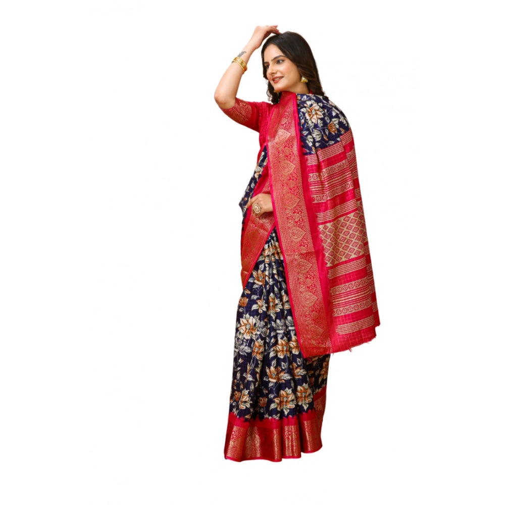 Generic Women's Soft Dola Cotton Kalamkari Printed Saree With Unstitched Blouse 5.5Mtr (Navy Blue)