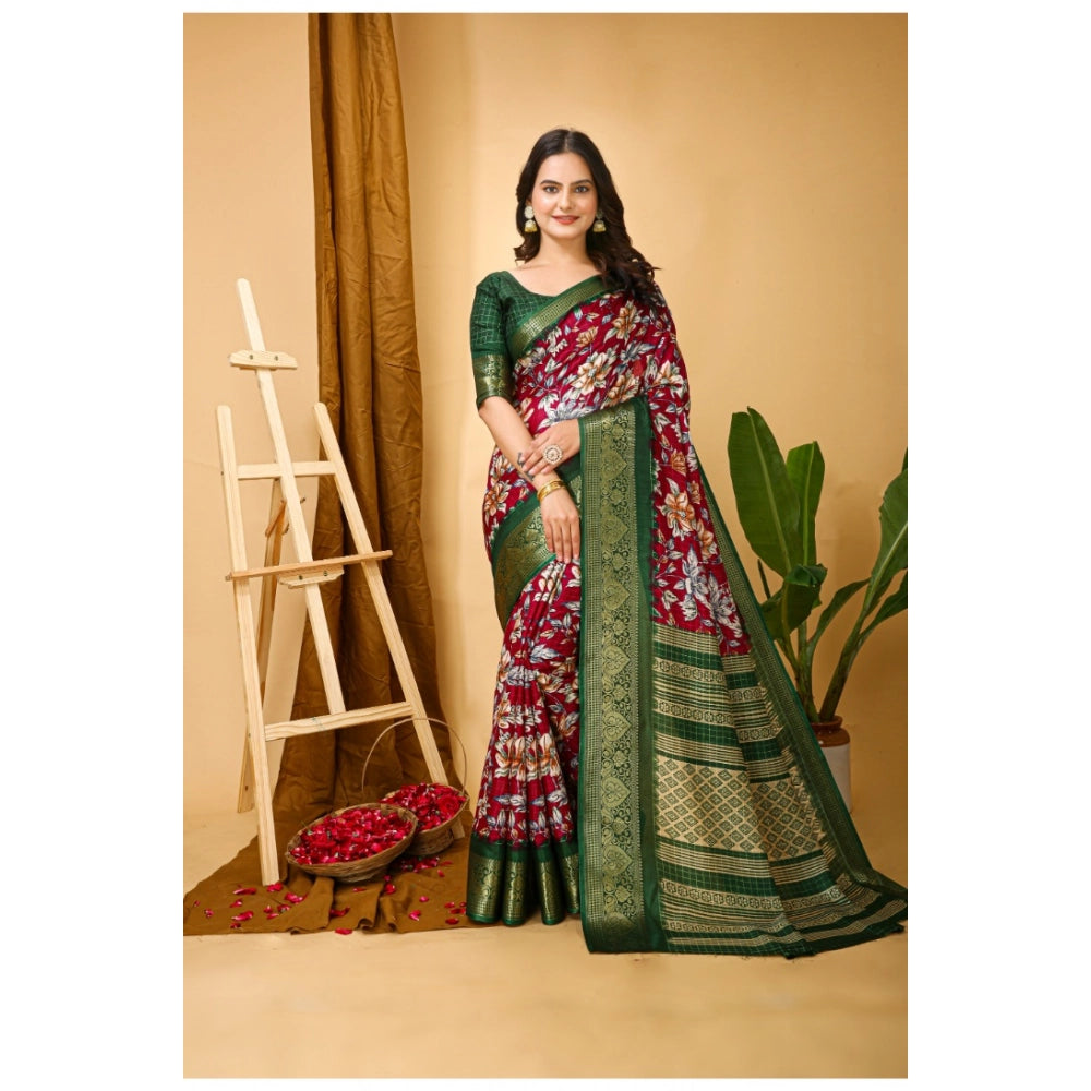 Generic Women's Soft Dola Cotton Kalamkari Printed Saree With Unstitched Blouse 5.5Mtr (Maroon)