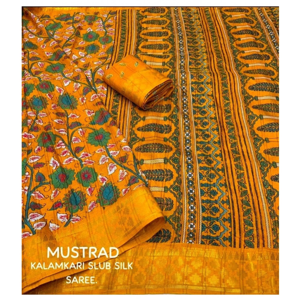 Generic Women's Soft Dola Cotton Kalamkari Printed Saree With Unstitched Blouse 5.5Mtr (Yellow)